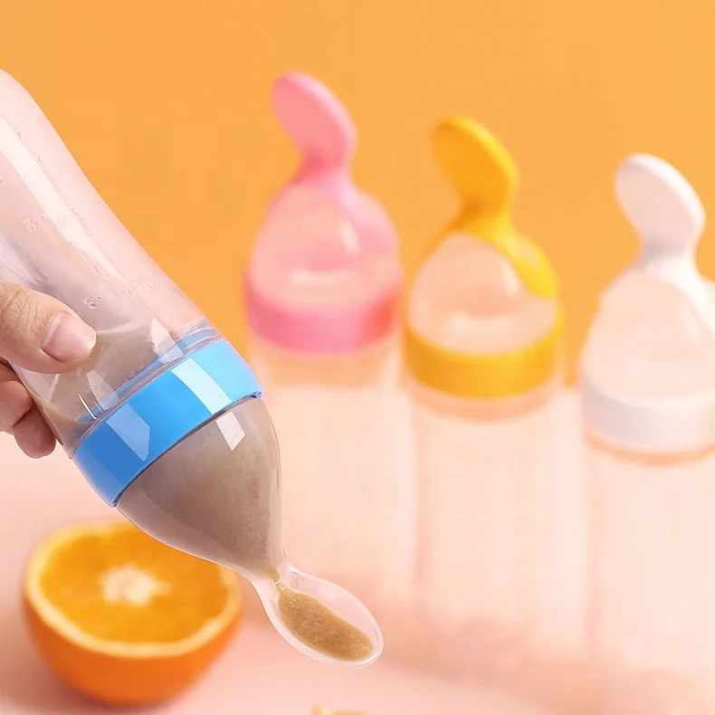 High Quality Reusable Baby Food Grade Silicone BPA-Free Silicone Fruit Food Squeeze Bottle Feeder With Spoon