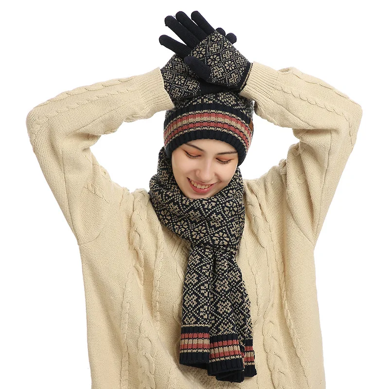 Wholesale Winter Hat With Scarf And Gloves Set Men Women Knitted Warm Beanie Hats Scarf Set
