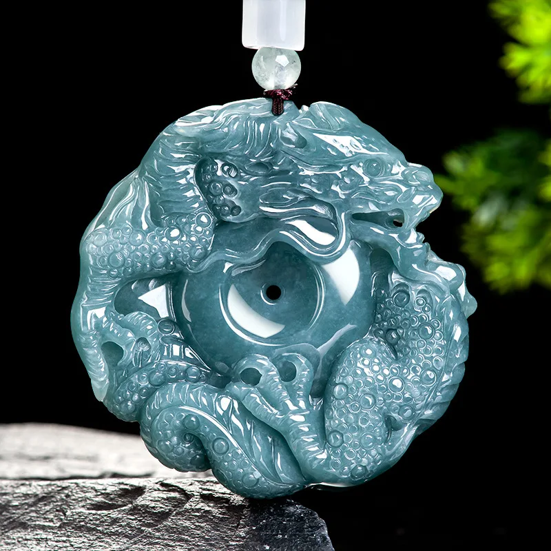 Jade Dragon Pendant Natural Myanmar Blue Burmese Jade Dragon Jadeite Jewelry Making Pendant Chinese Classical Rope Necklace