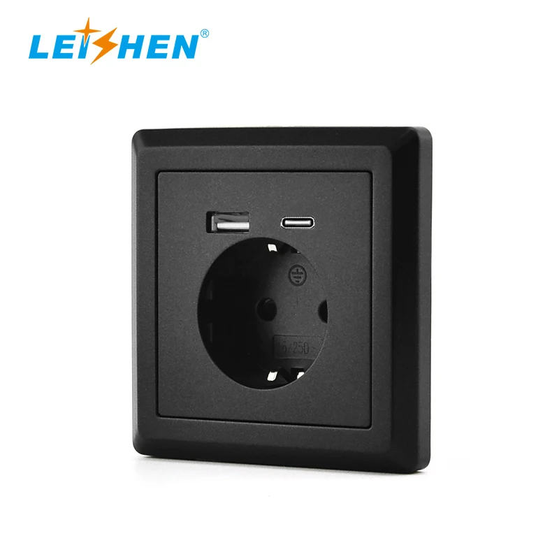 LEISHEN 86mm Style Wholesale 5V/3.4A 250V 16Amp Flush-Mounted Outlet Protective Contact Wall Schuko Socket With USB-C Charger