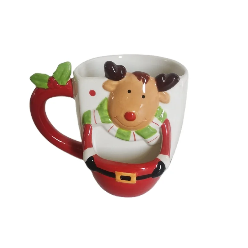 Cute reindeer embossed ceramic drinking mug,funny cartoon cup with cookie pocket,porcelain coffee cups with handle