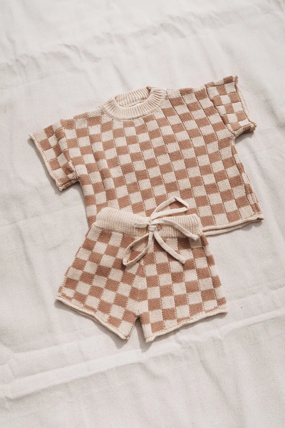 Popular Custom Plaid Unisex Style Short Sleeve Knit Sets Boys and Girls Baby Shorts Checkerboard Two Pieces Set