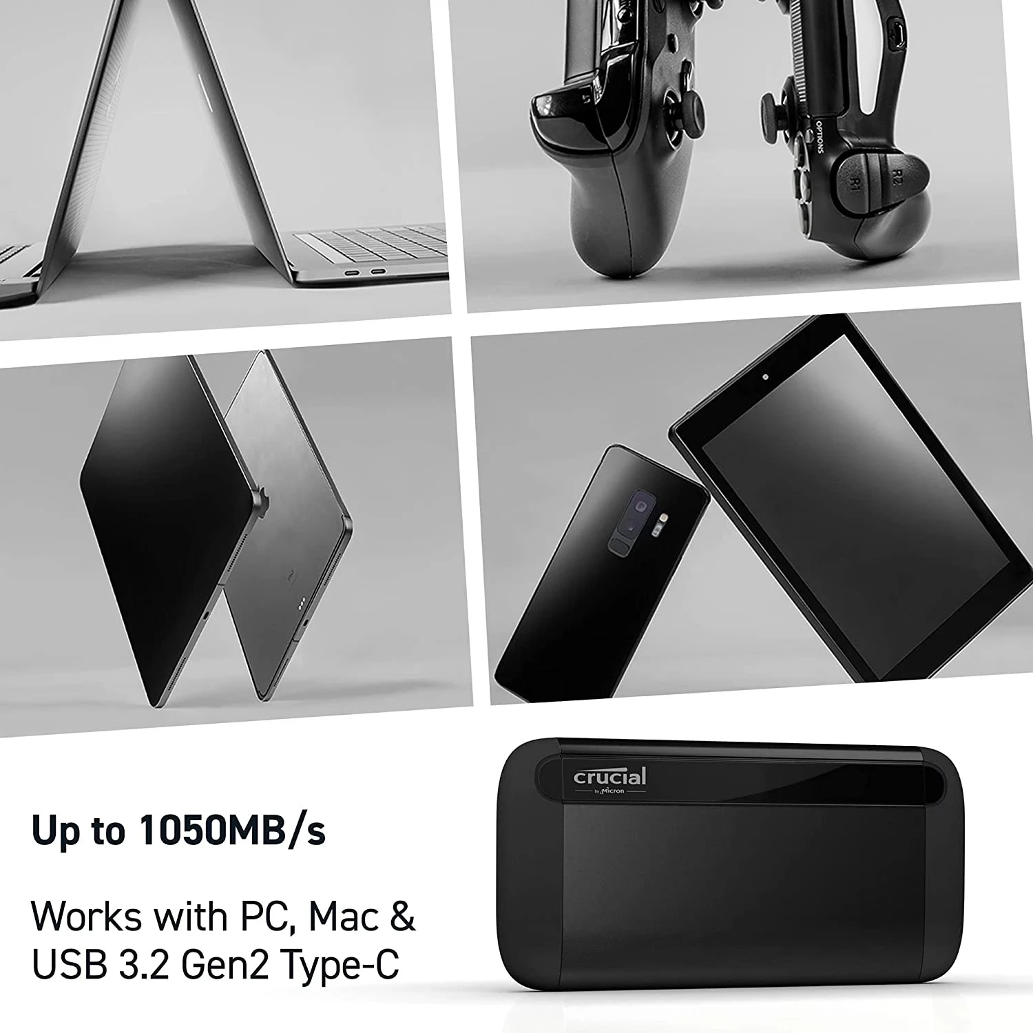 Original Crucial X8 Portable SSD 1TB Hard Drive 2TB 4TB External Solid State Disk Up to 1050MB/s USB 3.2 Type-C Metal Hard Disk