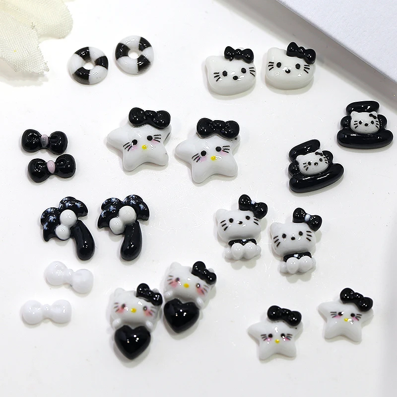 New 3d Black White Cartoon KT Cat Nail Accessories Cute Katy Cat Bow Flat Back Resin Rhinestone Nail Art Charms