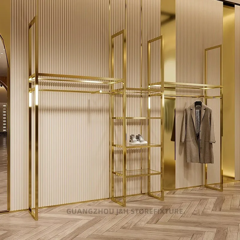 Retail Garment Shop Fittings Custom Metal Clothes Hanging Racks Gold Display Free Standing Display Racks and Stands