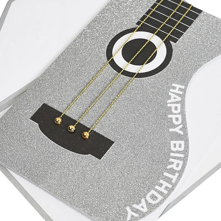 
New Design Custom Handmade Birthday Cards, Shiny Silver Glitter Guitar Greeting Cards 
