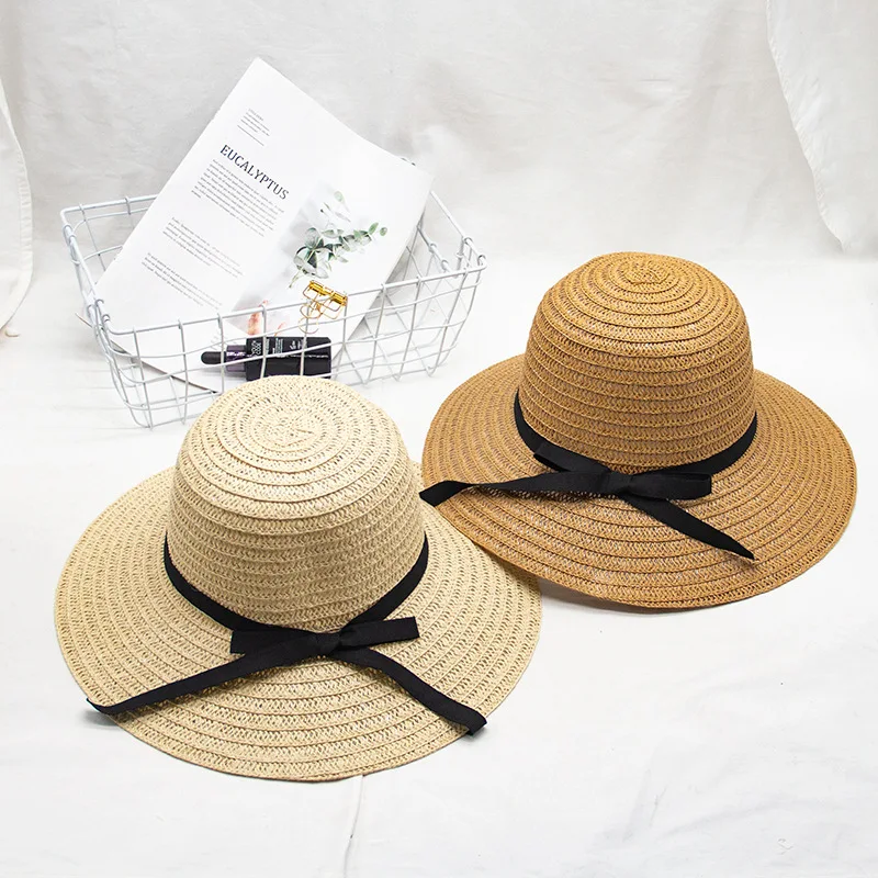 Summer straw hats literary visor Korean version of the folding beach ribbon basin hat female big large brim sun hat wholesale