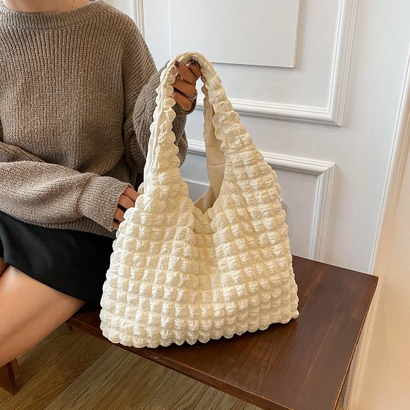 Custom Bubble Flower Fashion Handbag Women Ruched Hobo Shopping Tote Bag Lady Shoulder Bag