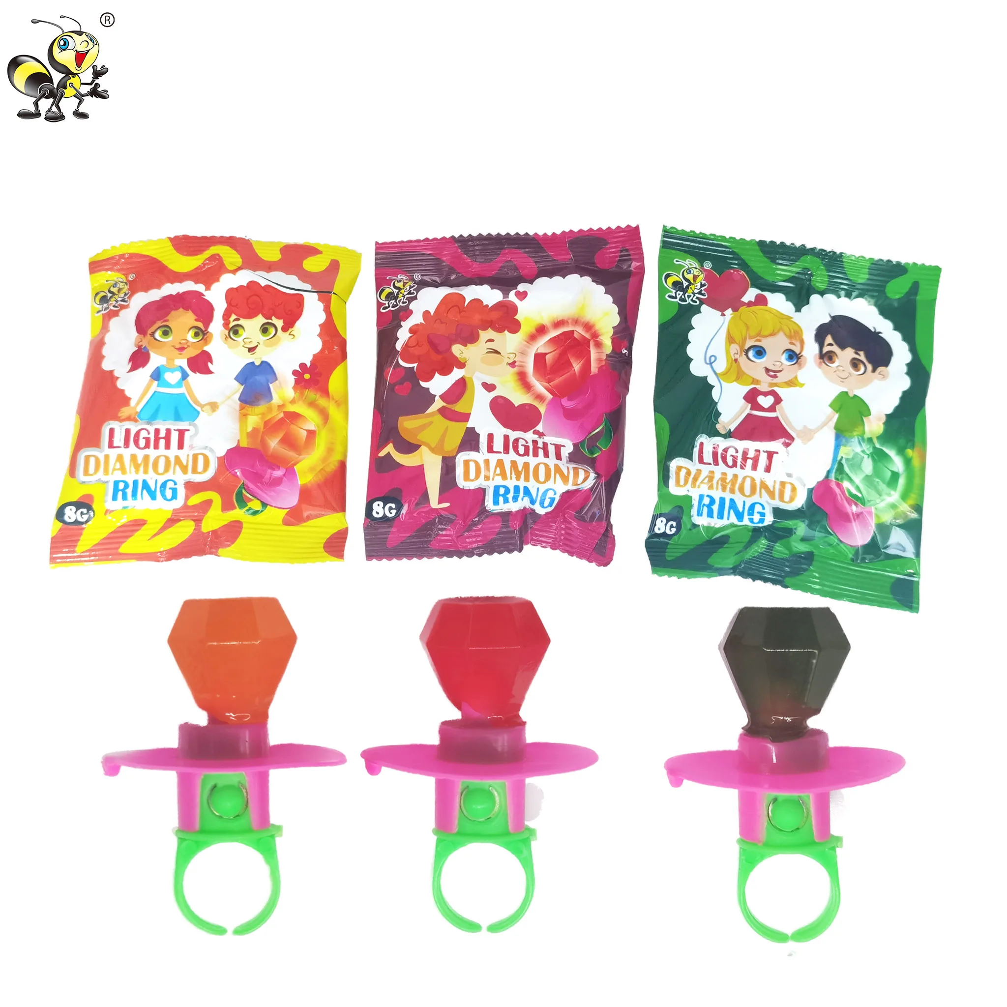 Wholesale Private Label halal fruity loly pop light diamond ring candy toy hard lollipop sweets