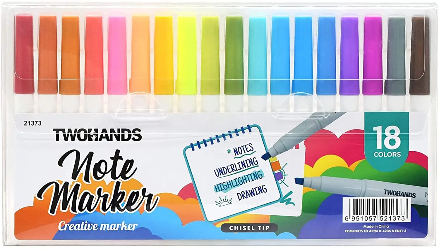 TWOHANDS Fluorescent Chisel Tip Wholesale Pastel 18 Color Highlighter Marker Pen Note Marker Highlighters Sets