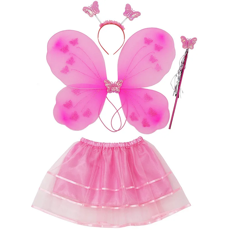 Girls Party Gift RolePlay Butterflies Costumes Princess Fairy Wings Magic Wand Headband Skirt 4Pcs Halloween Cosplay Props