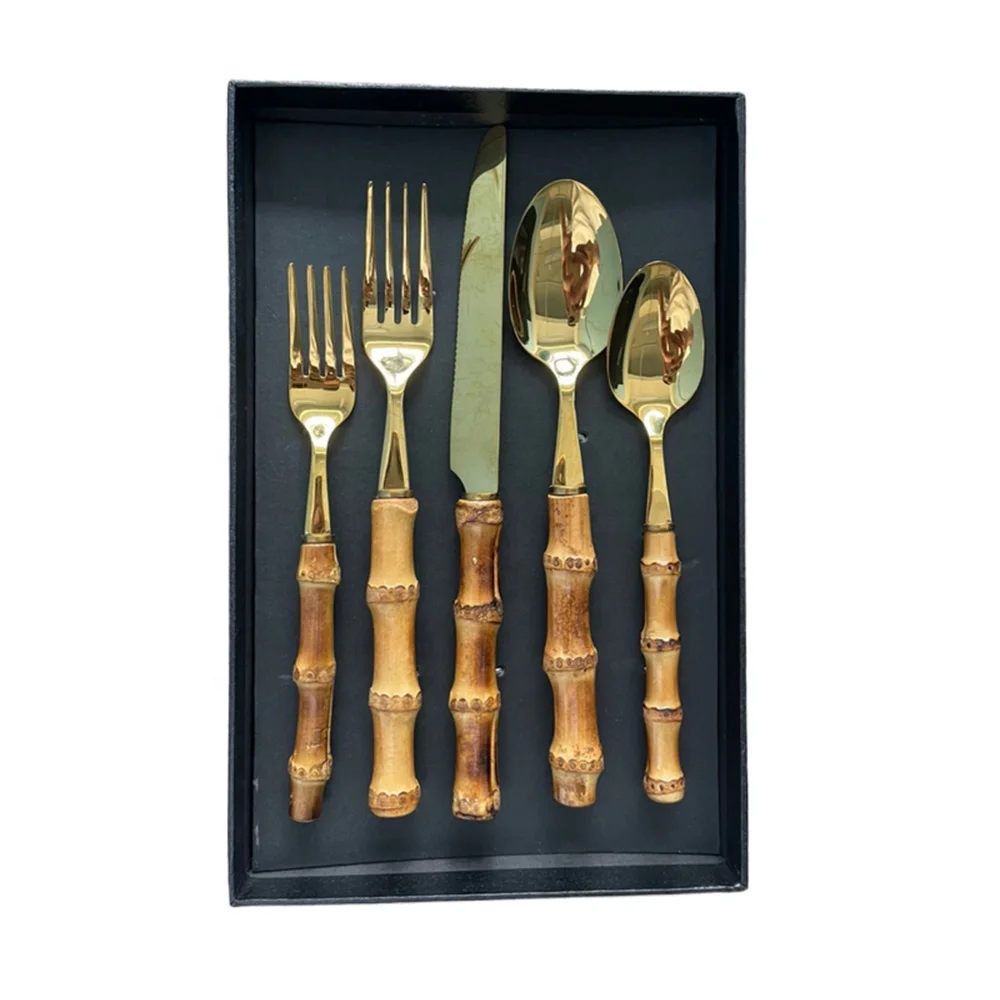 Fine Unique Silverware Reusable Natural Bambu Root Handle Flatware Cubiertos Brass Gold Cutlery Set with Bamboo Handle
