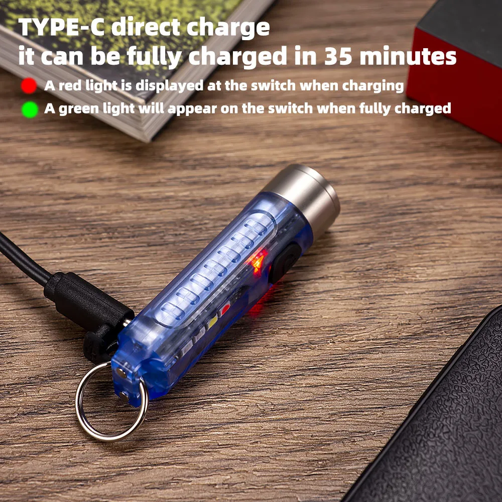 New LED strong light small flashlight side light red blue purple light USB rechargeable mini fluorescent keychain flashlight