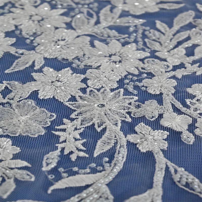 3D Handmade fabric white feather trim white embroidery floral sequin fabric lace