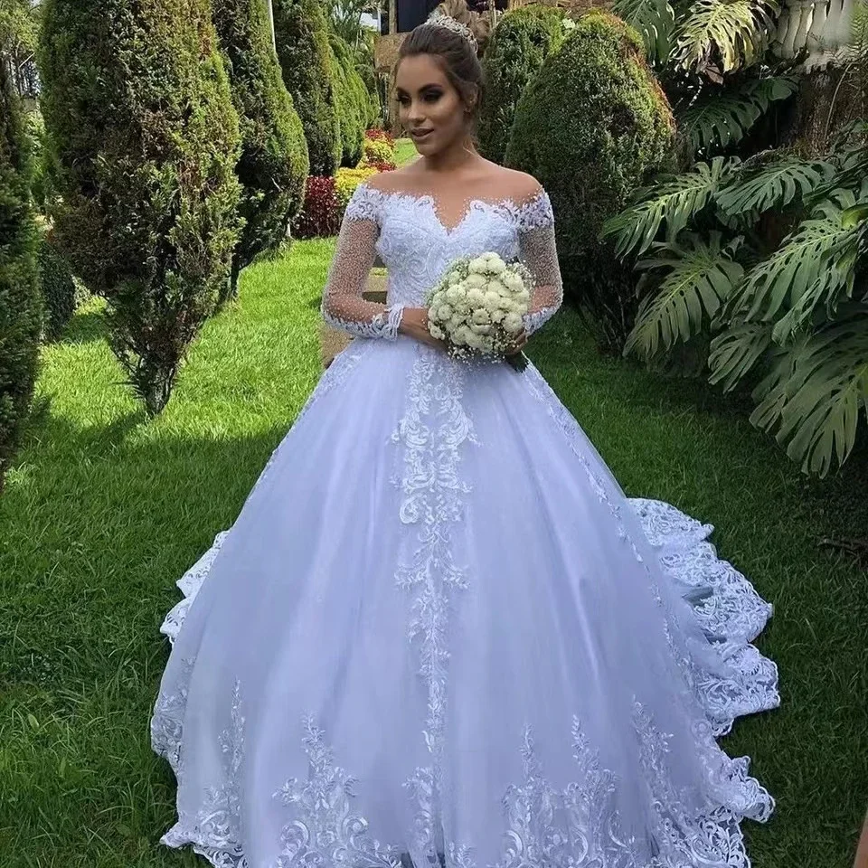 New arrival Appliqued Lace Beaded Bridal Dresses white shinny Cheap long sleeve puffy Wedding Gowns MW73