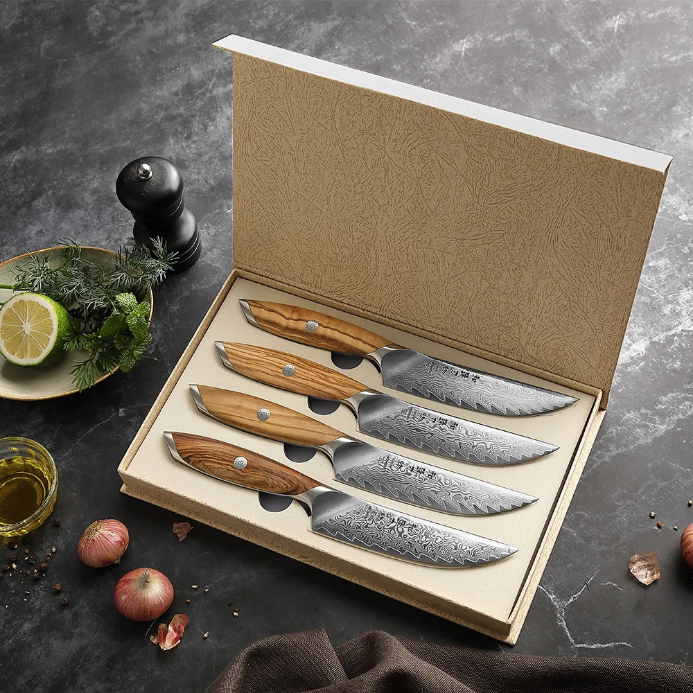 HEZHEN New Steak Knife Set 4Pcs Damascus Powder Steel Kitchen Beef Knives Olive Wood Handle