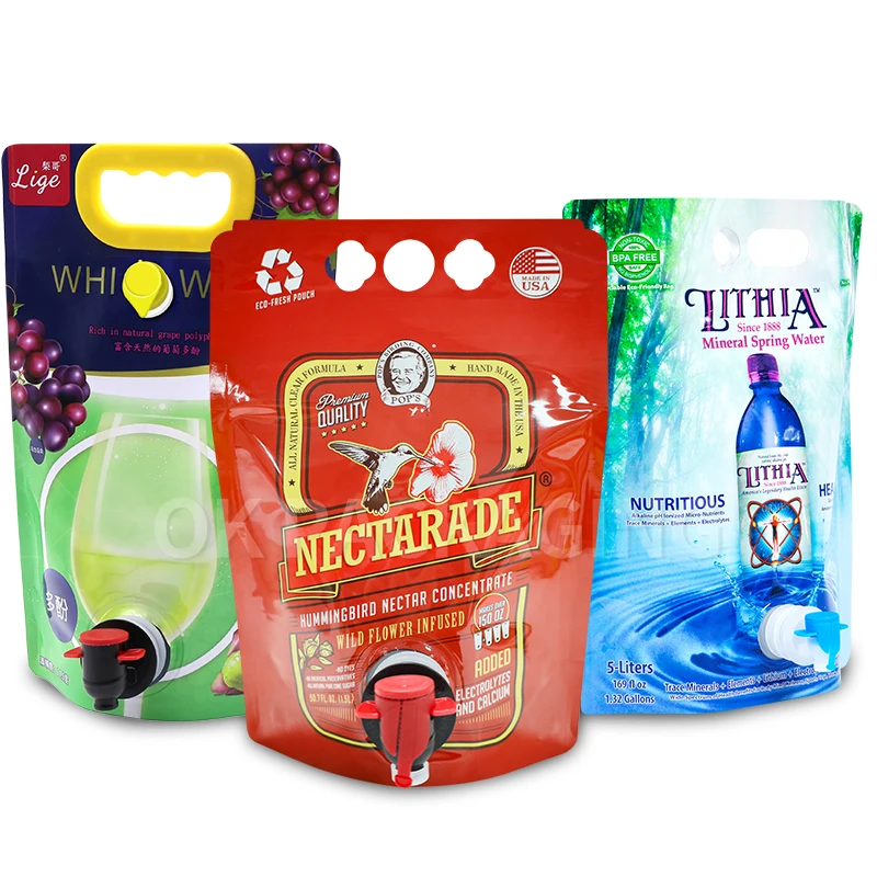 Factory Custom Aluminium foil doypack BIB Bag Box Aseptic Plastic Packaging with Secure Spout for Wine Mineral Water Vodka