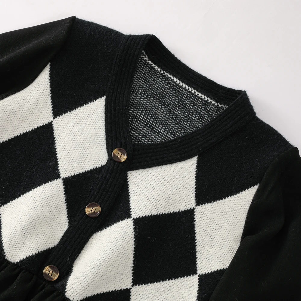 New Fashion Ladies Wool Knitwear Dress V-neck Long Skirt Button Neck Knit Long Sleeve Casual Pullover Paid Sweater Dress Plus Si