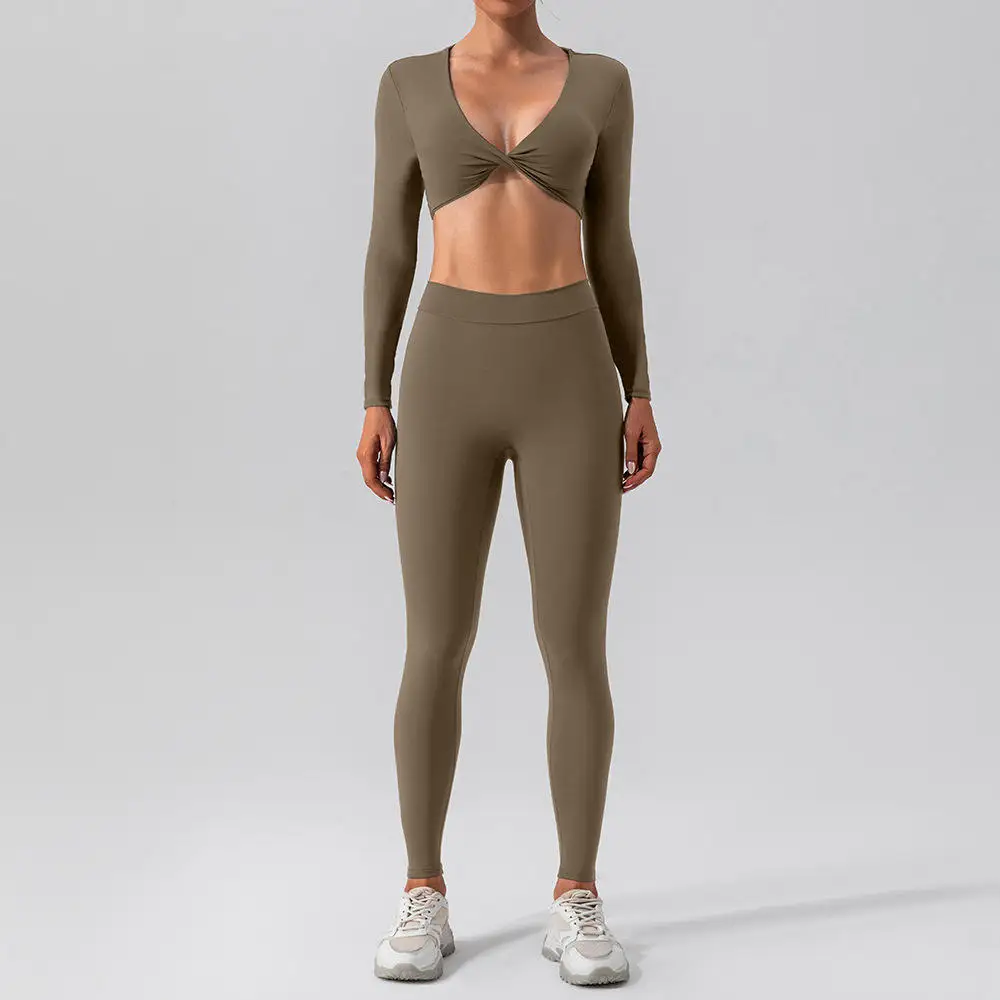 Joyyoung Wholesale 2 Piece High Waist V Back Leggings with Sexy Tops Sportswear Workout Clothing Gym Fitness Sets for Woman