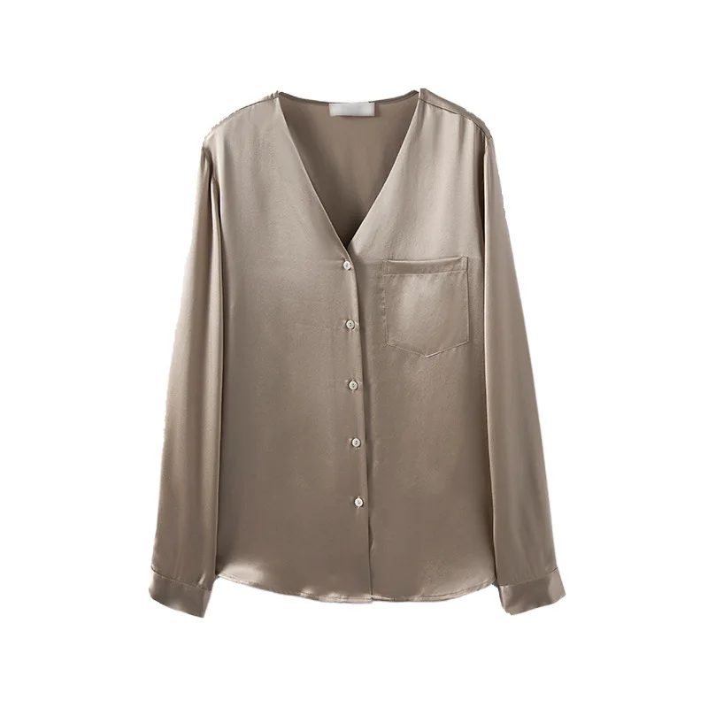 Высококачественные женские шелковые рубашки на пуговицах с длинным рукавом офисные блузки V-образным вырезом повседневные деловые атласные топы