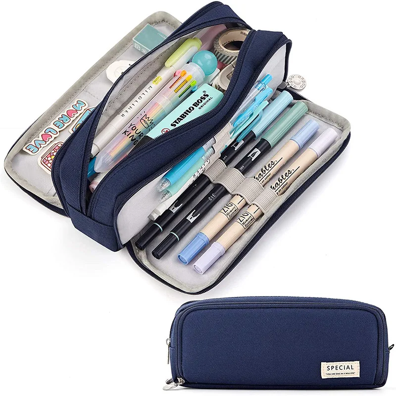 BEYOND Big Capacity pencil bag,3 Compartments zipper canvas storage pouch marker pen kids school pencil case for girls kids