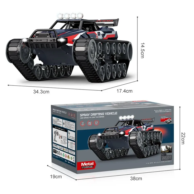 New 1:12 Can Drift 360 Degrees 2.4G Boy Alloy High Speed Spray RC Remote Control Tank Toy Car