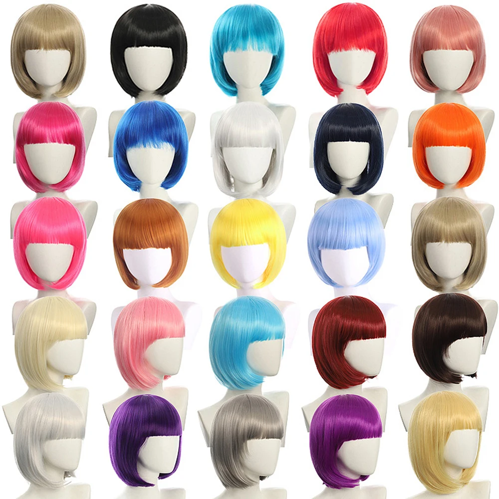Short Bob Wig With Bangs 12 Inch Straight Bob Synthetic Wigs Colorful Wigs For Cosplay Party Daily Use