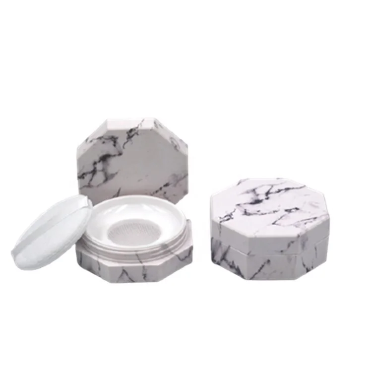 Octagonal marbling 10g20g empty plastic loose powder container finishing powder packaging box with puff and cloth/plastic sifter