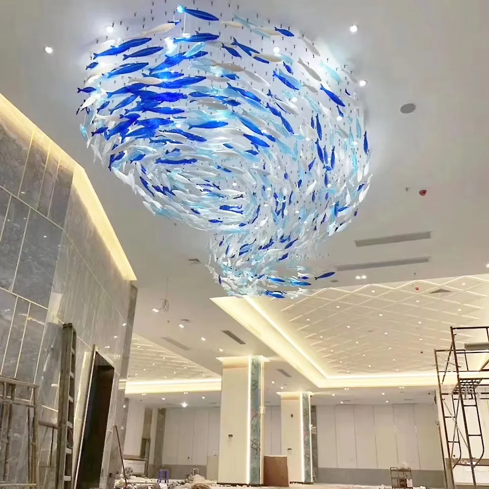VANTONE Customized Luxury Modern Suspended Blue Ocean Glass Chandelier Hotel Lobby Decoration Engineering Glass Chandelier