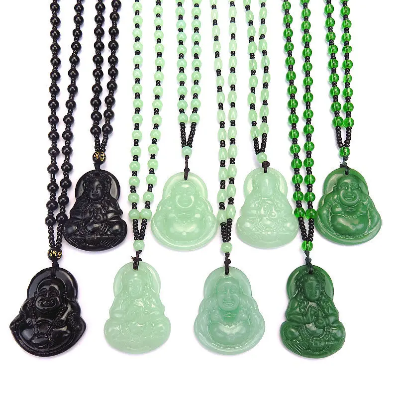 Maitreya Carved Religious Bead Laughing Buddha Black Imitation Jade Guanyin Rope Chain Lucky Amulet Jewelry Pendant Necklace Men