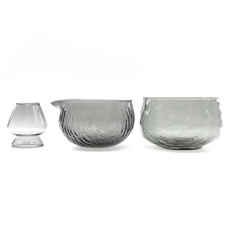 Newell Ceremonial Tea Tool Whisking Chawan Black Textured Glass Handmade Pouring Spout Bamboo Whisk Matcha Bowl With Stand