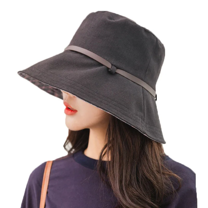 New Checkered Pattern Fisherman Hat Women's Japanese Literary Ladies Plain Leather Buckle Sun Hat