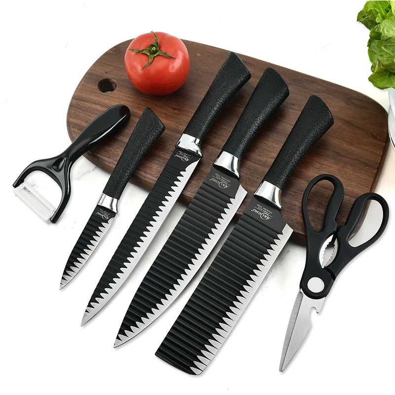 Feixiong Wholesale 6PCS Non Stick Stainless Steel Kitchen Knife Set With Scissor Coating Chef Knife Kitchen Knives