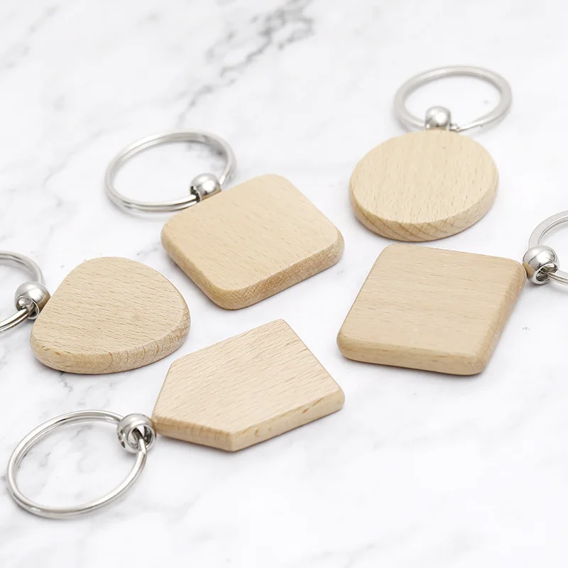Personalized Customized Printing Carving DIY logo Rectangle Square Round Heart Shape Blank Wooden Keychain keyring