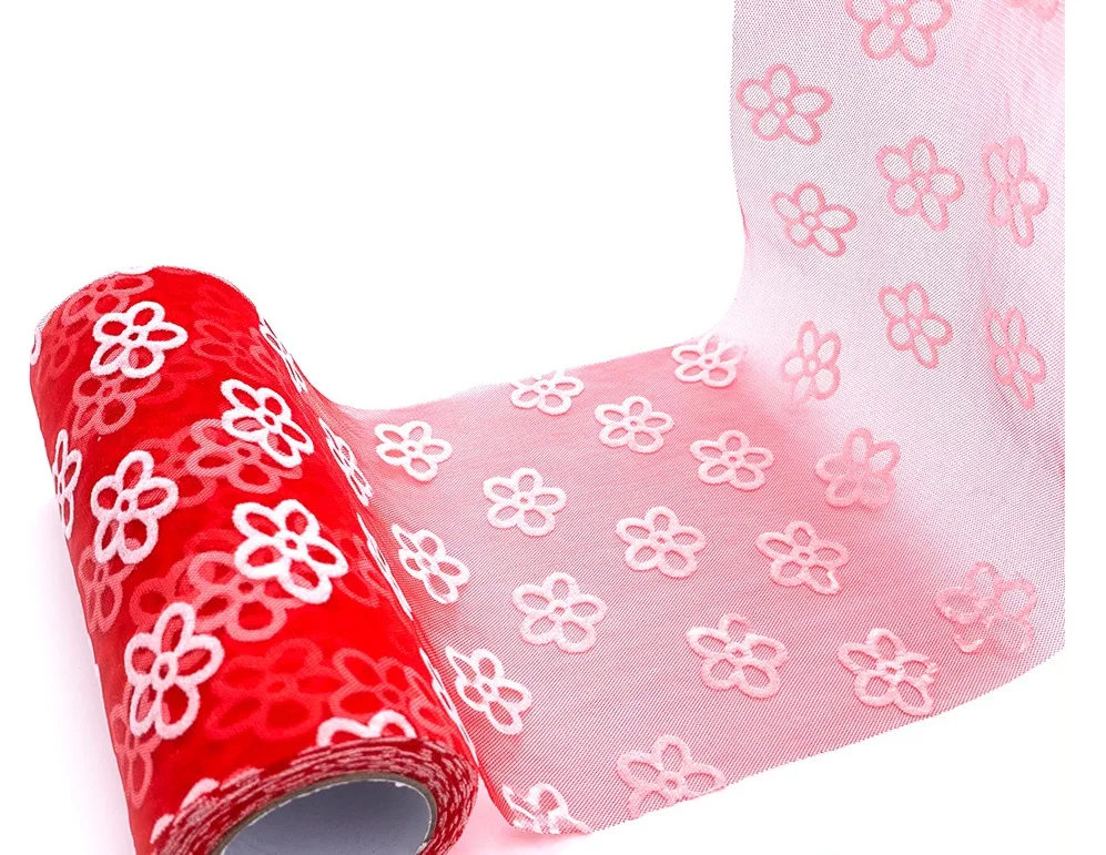 High Quality Fashion Design Beauty Flock White Flower Embroidery Mesh Printed Colorful Organza Tulle Rolls for Skirt Decorations
