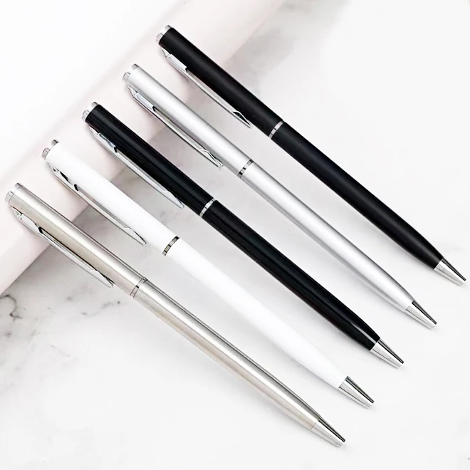 Popular Promotional Hotel Company Advertising Customized Logo Slim Thin Twist Metal Ball Point Pen