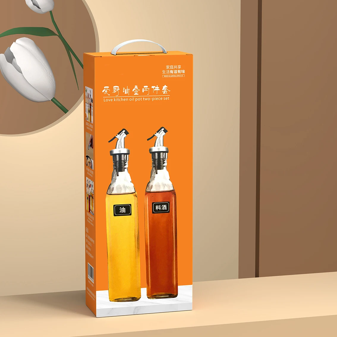 500ml glass square cooking olive oil storage dispenser bottle with spout for condiment soy sauce