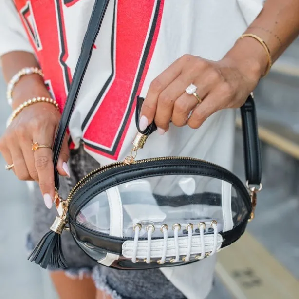 Clear PVC Crossbody Purse Bag Women Football Shaped Crossbody Shoulder Bag Rugby Handbag Unique Novelty Game Day Football Purse