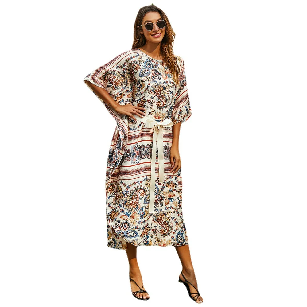 Spring and Summer New Fashion Daily Dress Middle East Muslim Robe European and American Wish Seaside Holiday Printed Dress Robe