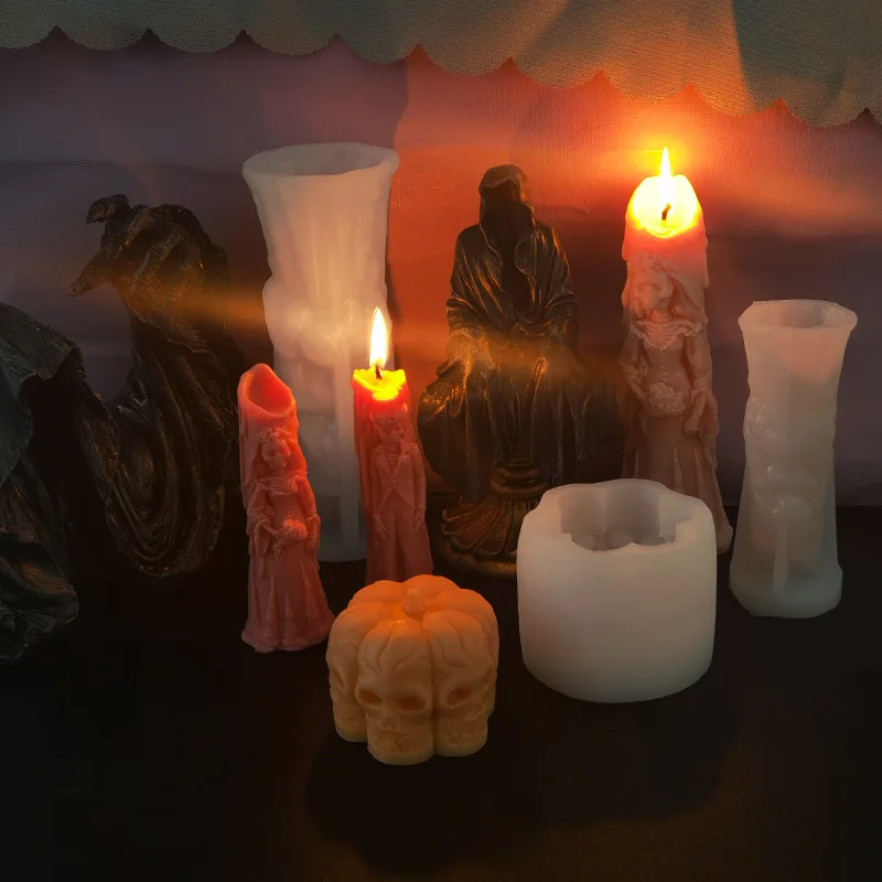 HY 3D Skull Candle Mold Halloween Column Silicone Resin Mold for Plaster Candle Soap Wax Making