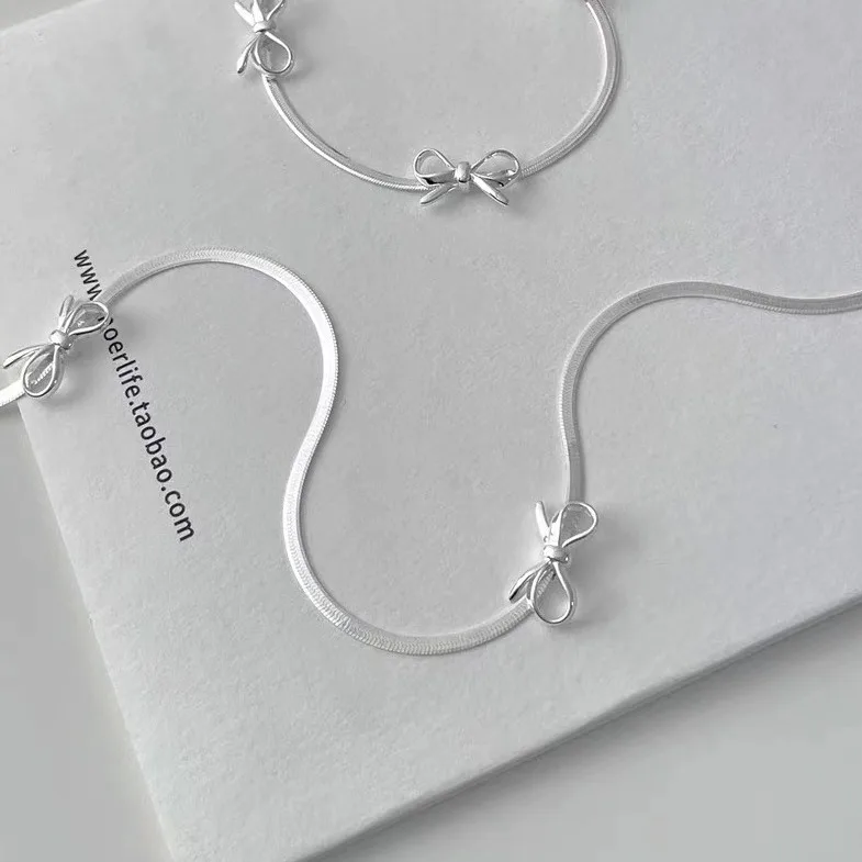Stylish Jewelry Bowknot Necklace S925 Sterling Silver Snake Chain Choker Butterfly Love Bow Knot Necklace for Women