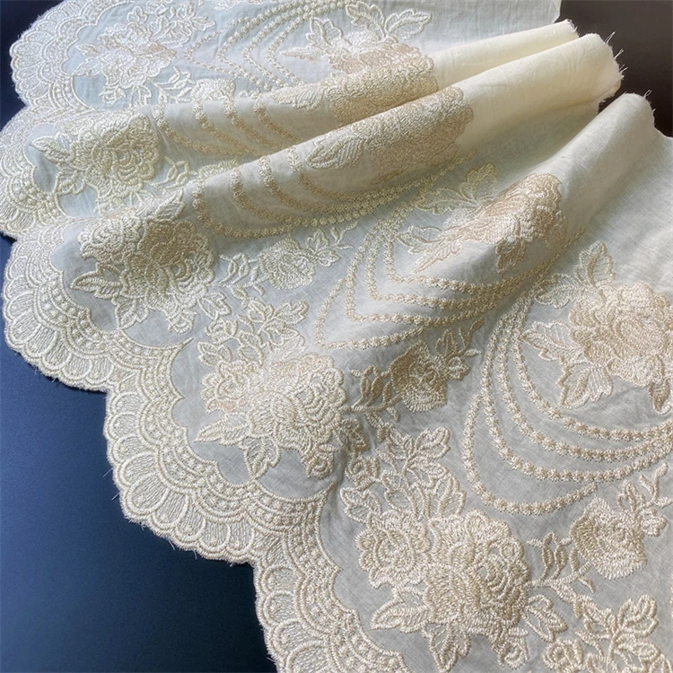 High Quality White Luxury Embroidery Lace Elegant Eyelet French Scalloped 100% Cotton Fabric Gold Embroidered Cotton Lace Trim