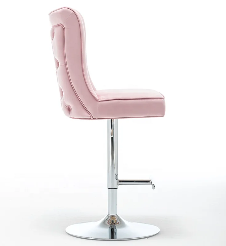 Back buttons with knocker seat and back plain pink velvet adjustable bar stool