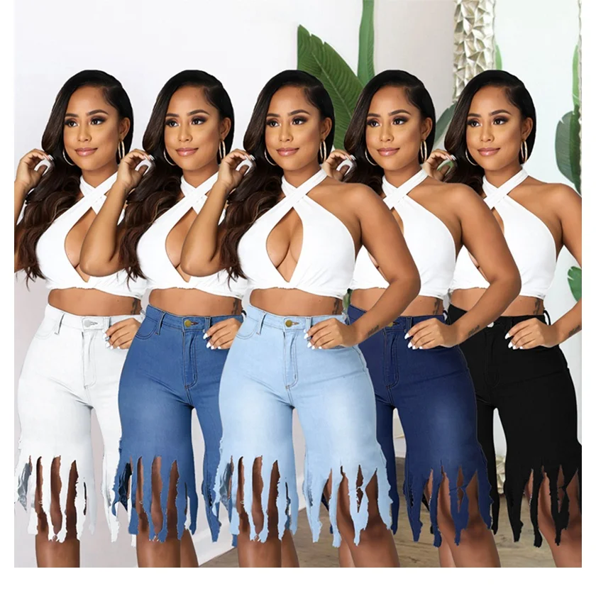 High Quality Straight Leg Bermuda Denim Fringe Jeans Shorts For Women
