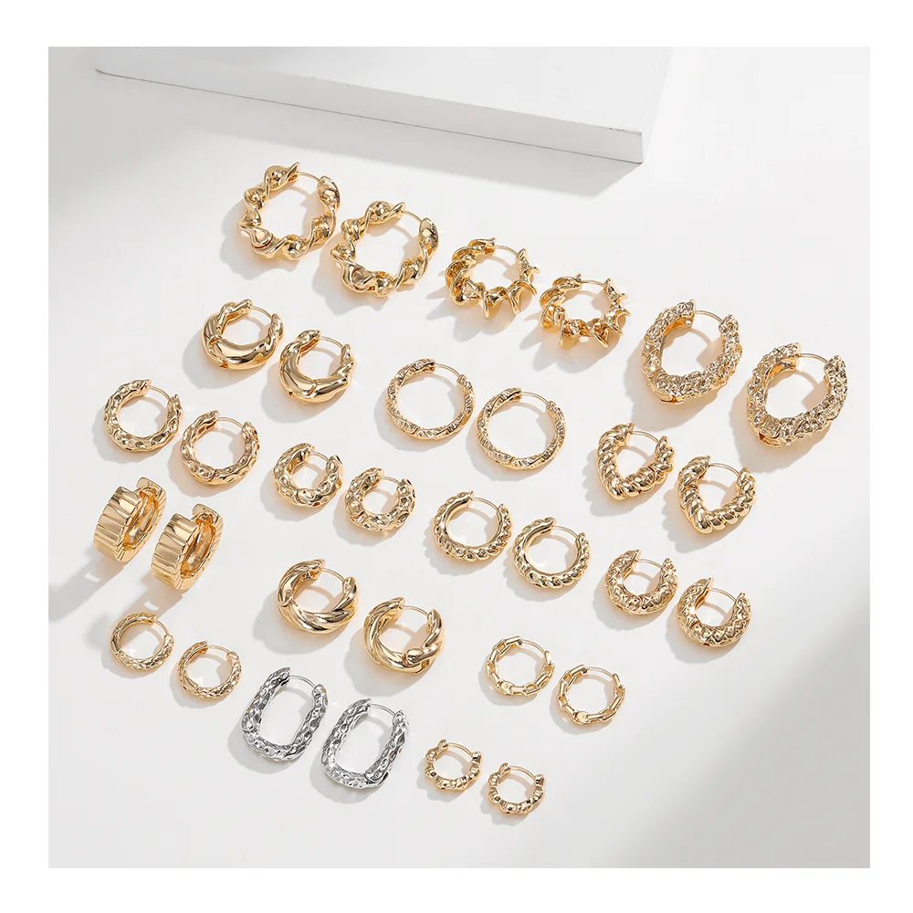 Wholesale Twist Multi Style Geometric Heart Oval Round Gold Plated Chunky Hoop Earrings Set