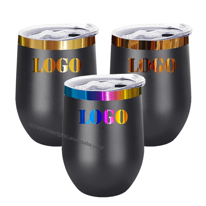 12oz 12 oz Rainbow/ Gold/ Copper Plated Base Laser Engrave Powder Coated Black White Stainless Steel Stemless Wine Tumbler Cup