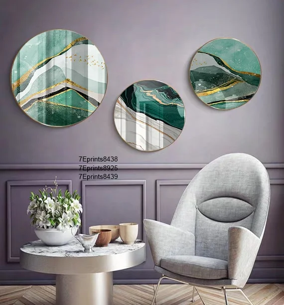 Customize Modern UV print 1 set of 3 pcs Abstract Round Metal Framed crystal porcelain paintings On Artworks For Hotel Project