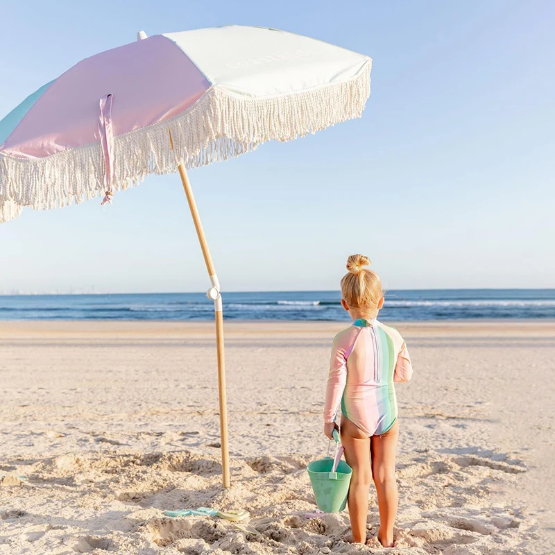 Premium 6.5ft Beach Umbrella Complete Shade Coverage Portable Folding 6ft Solar Beach Umbrella with Tassels