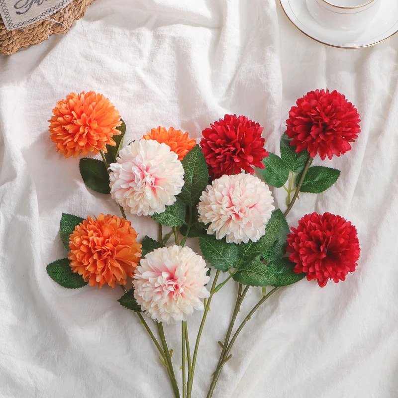 European 3 Heads Simulation Pompon Mum home Desktop Decoration Flower Arrangement Artificial Chrysanthemum