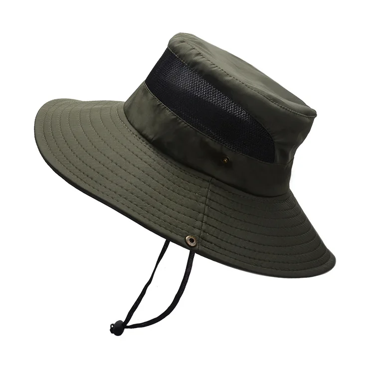 Wholesale Summer Outdoor Sunshade Breathable Mesh Solid Color Fisherman Wide Brim Bucket Hats With Windproof Rope